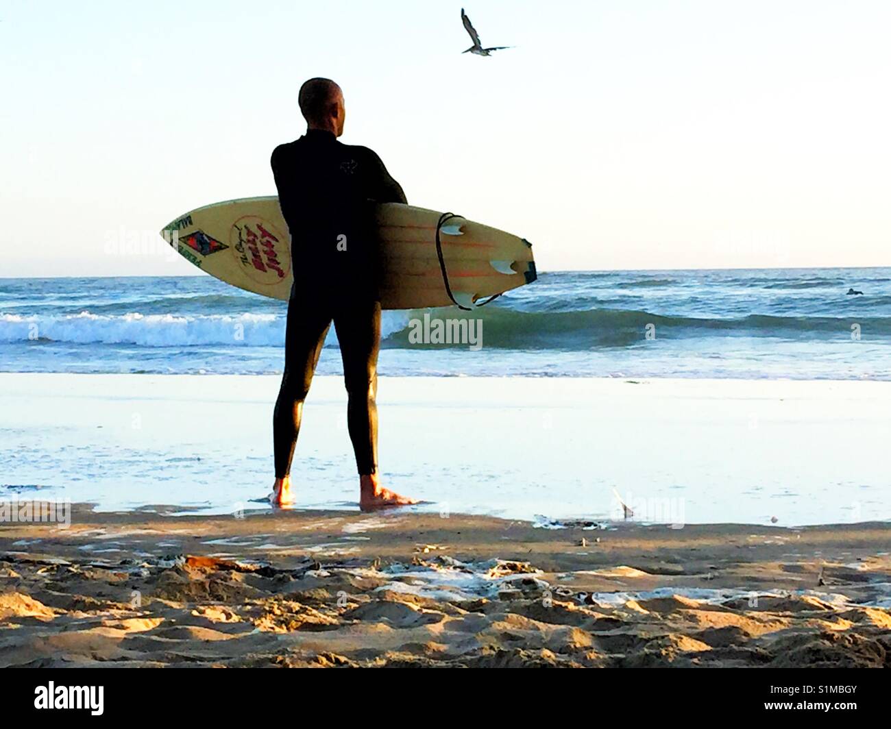 Adult male surfer stand on beach looking out at the ocean.  California, USA Stock Photo