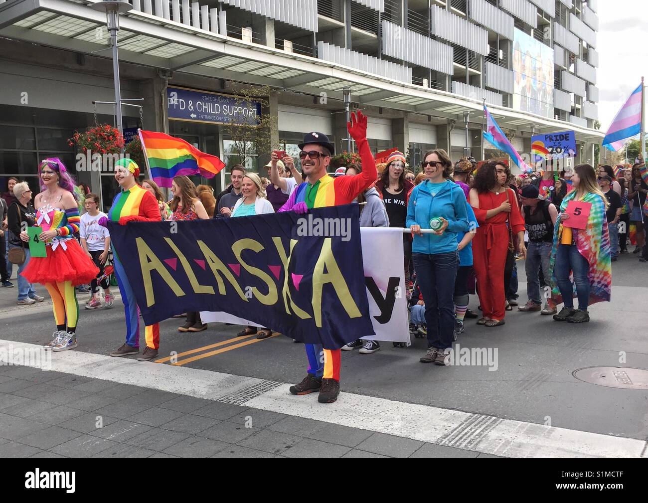 Proud members of the LGBT community took to the streets of Anchorage, Alaska in the 40th annual pride parade Stock Photo