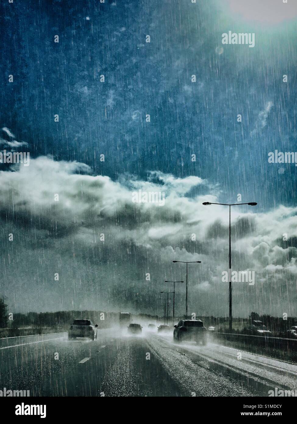 Rain storm on the motorway Stock Photo