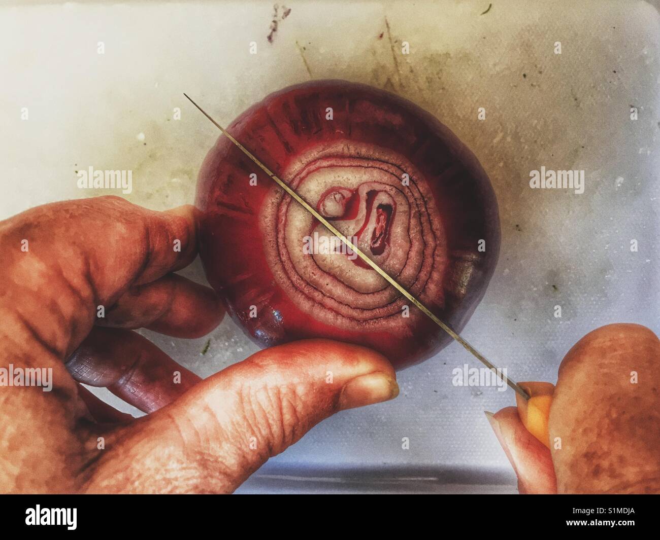 Cutting a red onion in half, high angle view - Smartphone Captured Stock Image Cutting a red onion in half, high angle view - Smartphone Captured Stock Image