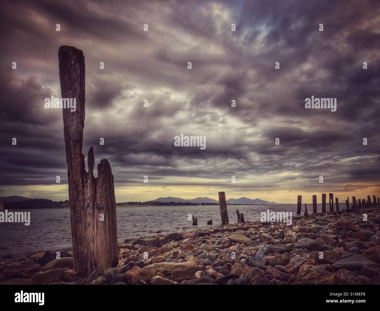 Pebble beach on Anglesey with rotting wooden stakes looking out over Menai Strait towards North Wales coast - Smartphone Captured Stock Image