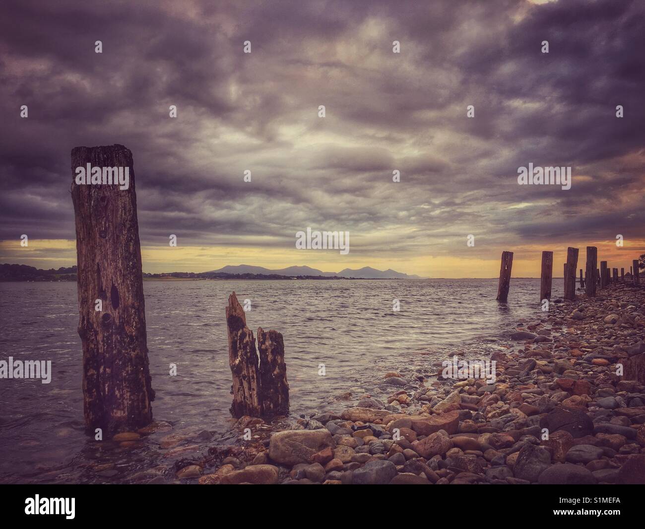 Pebble beach on Anglesey with rotting wooden stakes looking out over Menai Strait towards North Wales coast in late evening light - Smartphone Captured Stock Image
