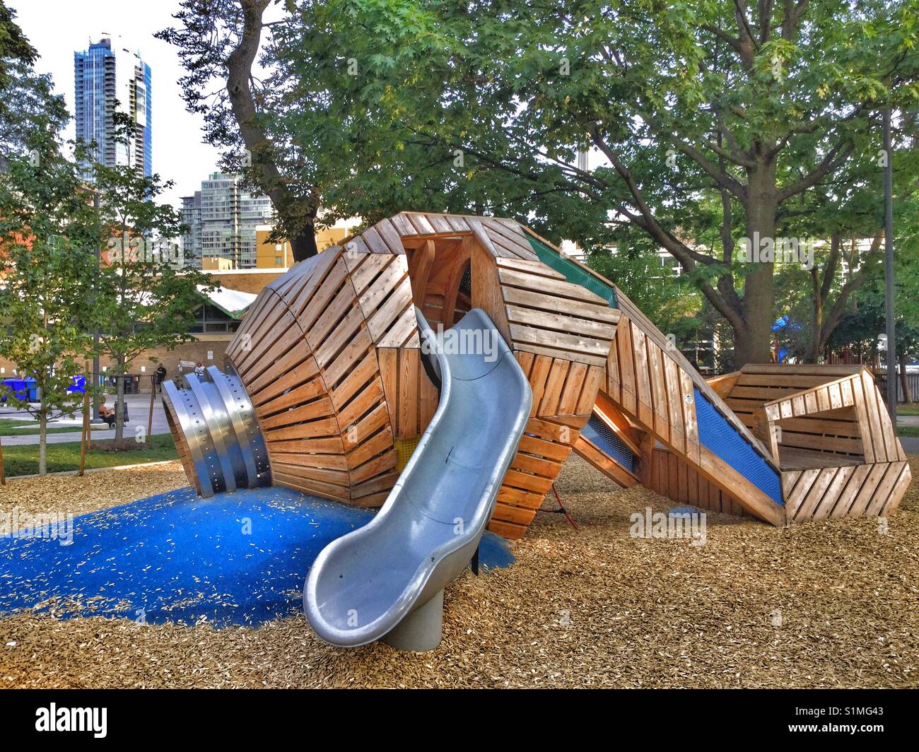 Wooden playground structure in Grange Park, Toronto. Stock Photo