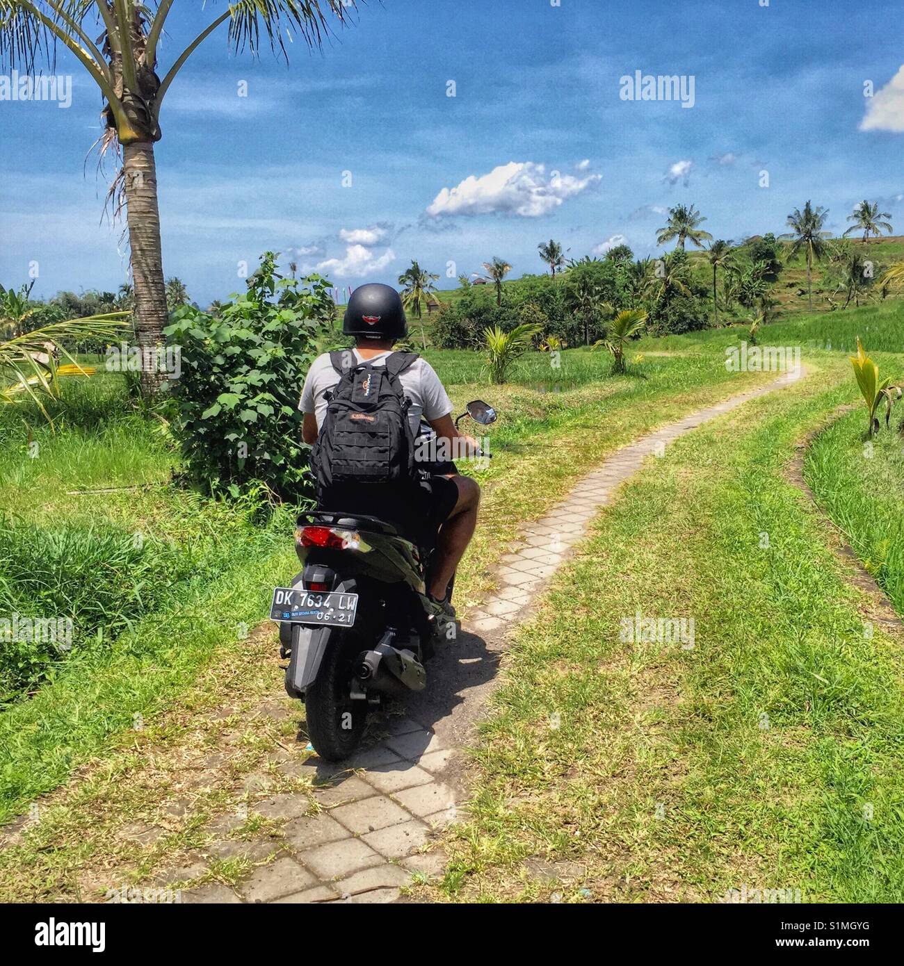 Rear view of motorbike and rider traveling through rural countryside in tropical Bali, Indonesia Stock Photo