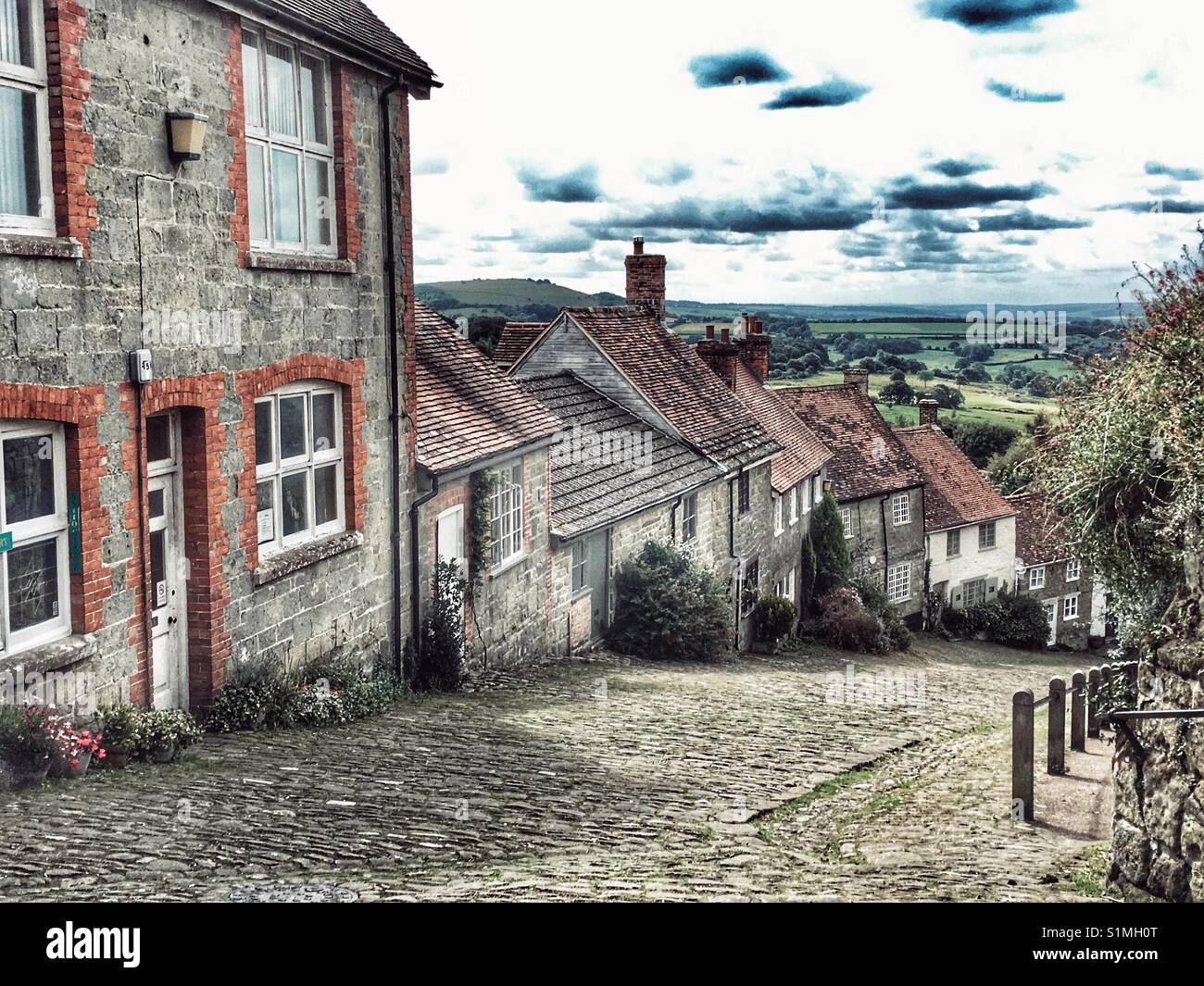 Gold Hill, famous for being the location of the Hovis bread advert. Shaftesbury, Dorset, England - Smartphone Captured Stock Image