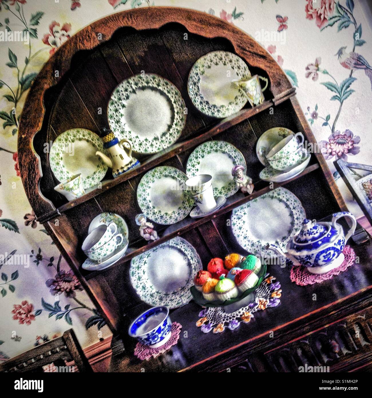 Oak Dresser with Retro China, in a café in Kent - Smartphone Captured Stock Image