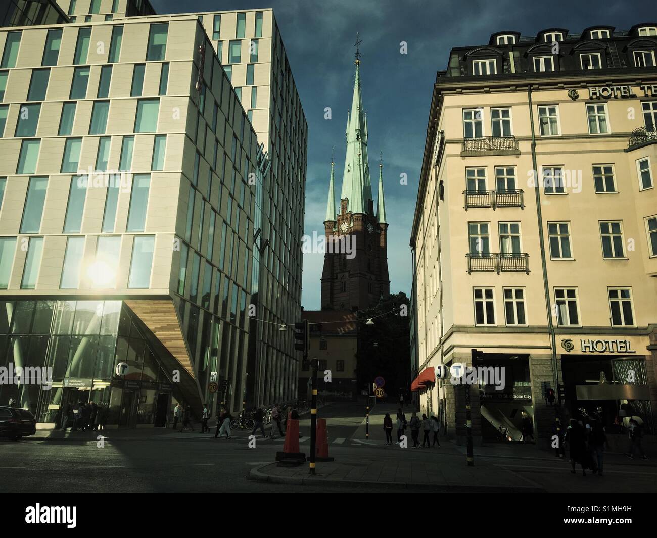 Saint Clare's church between hotels in Stockholm - Smartphone Captured Stock Image