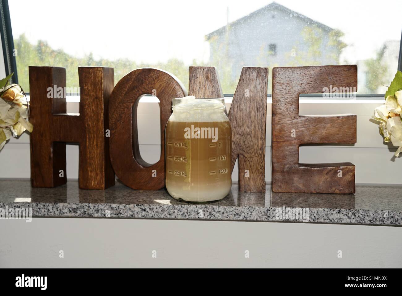 Coffee, cafe, homemade, espresso, mason jar, steamed, milk Stock Photo