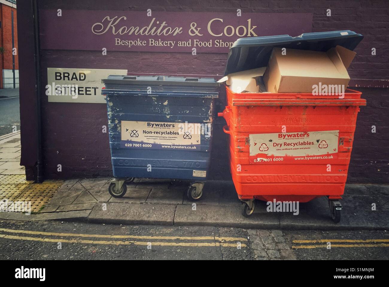Bins outside Konditor and Cook on Brad Street, London - Smartphone Captured Stock Image