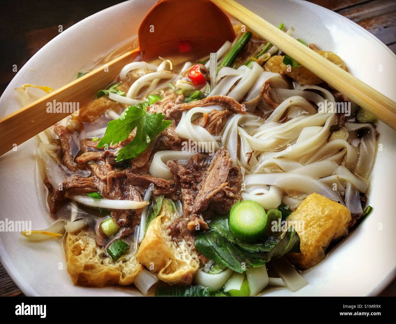 Vietnamese sliced beef pho noodle soup - Smartphone Captured Stock Image