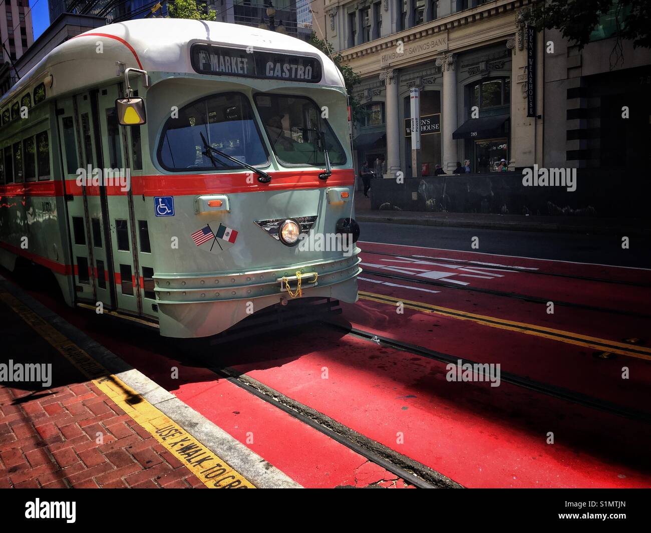 Iconic streetscape of classic F-market to Castro streetcar in San Francisco, California, United States Stock Photo