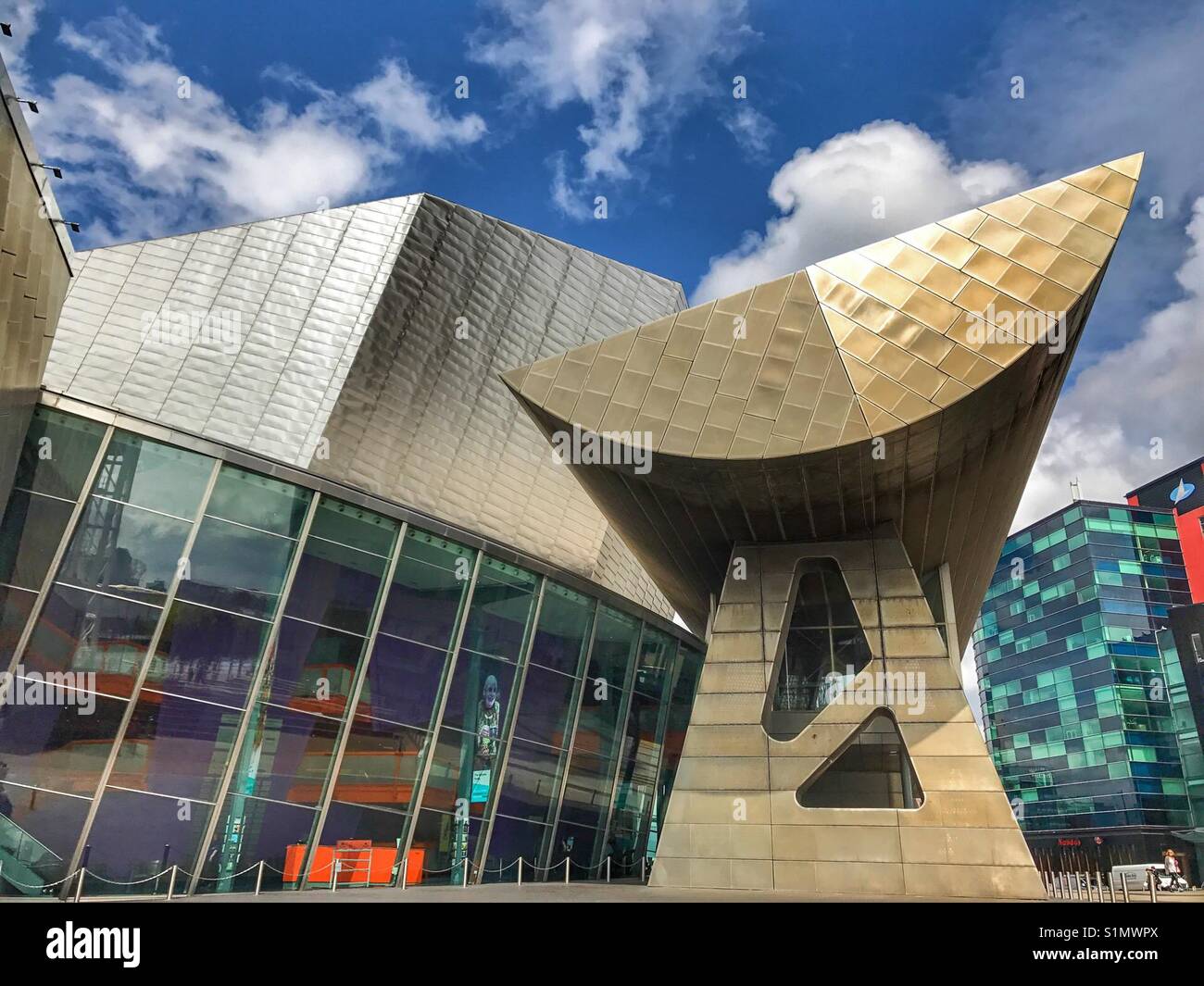 Unusual shapes of modern architecture at The Lowry, Salford Manchester UK - Smartphone Captured Stock Image