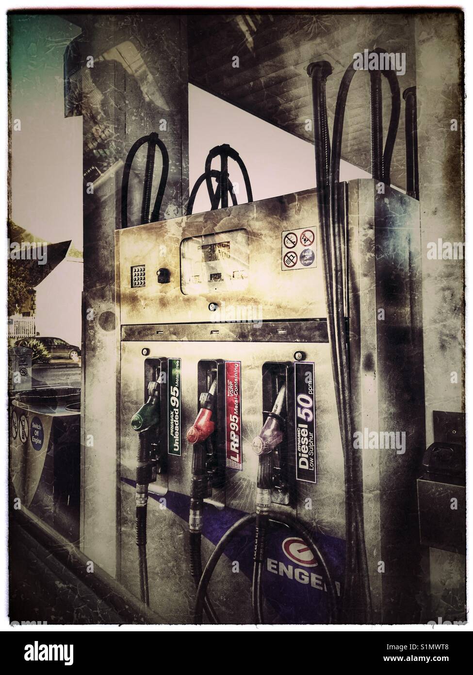Petrol and diesel pumps at gas station. - Smartphone Captured Stock Image