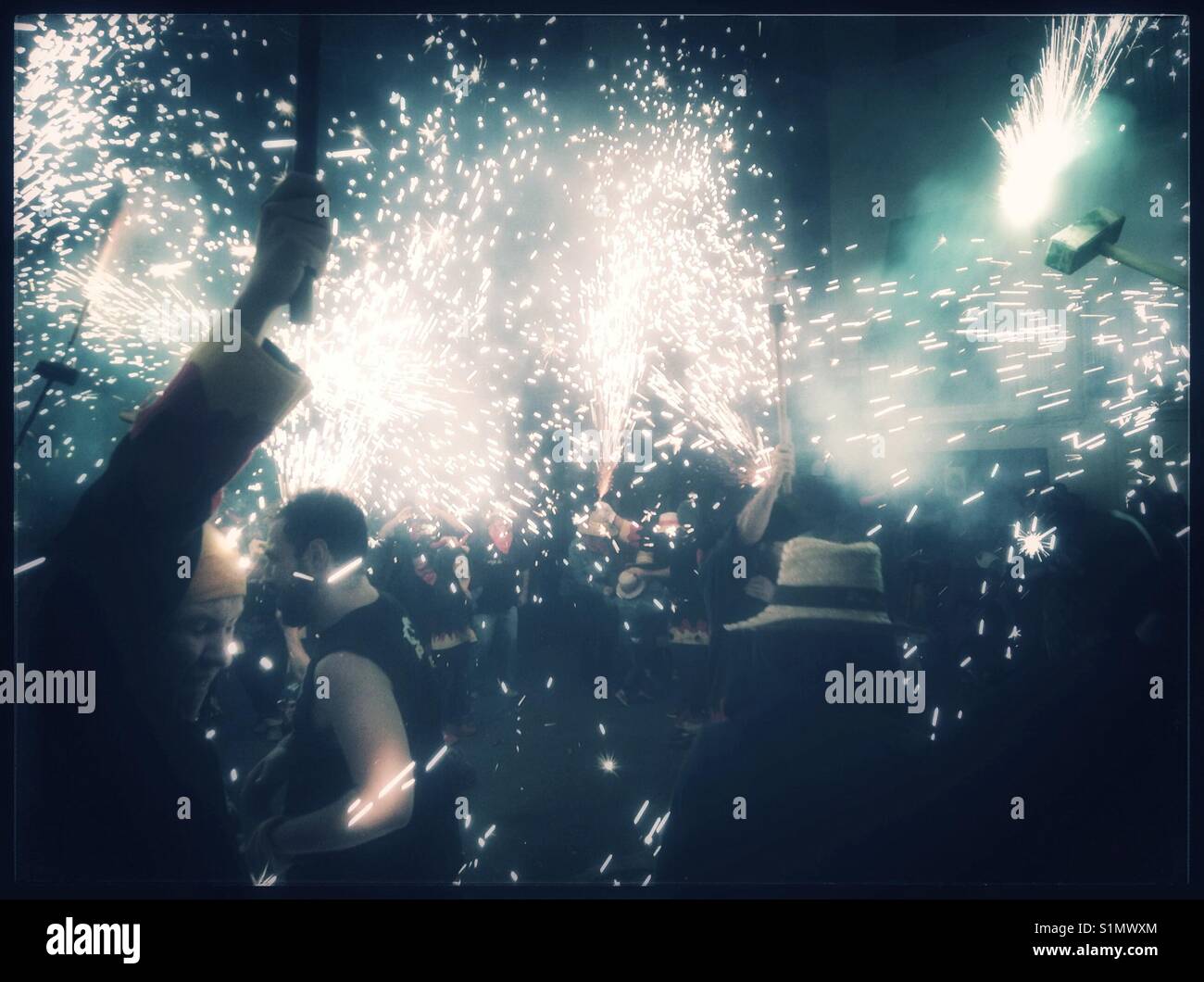 Les Diables 'Figots Satànics' perform at the Fiesta Major finale, Riba-Roja d'Ebre, Catalonia, Spain. - Smartphone Captured Stock Image