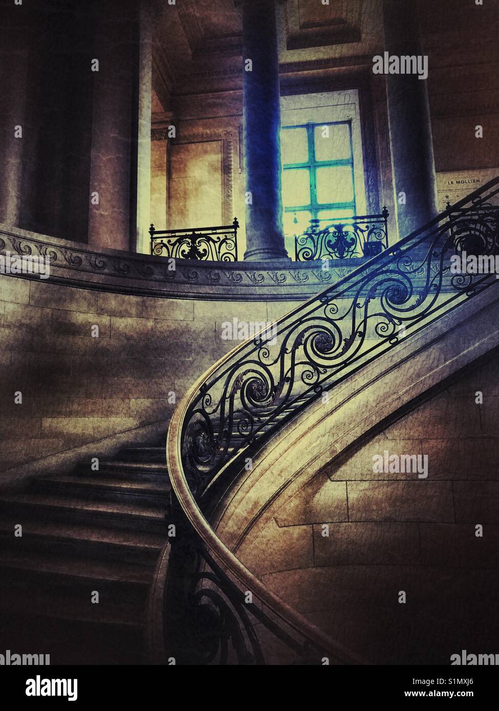 An ornate bannister rail and set of stairs - Smartphone Captured Stock Image