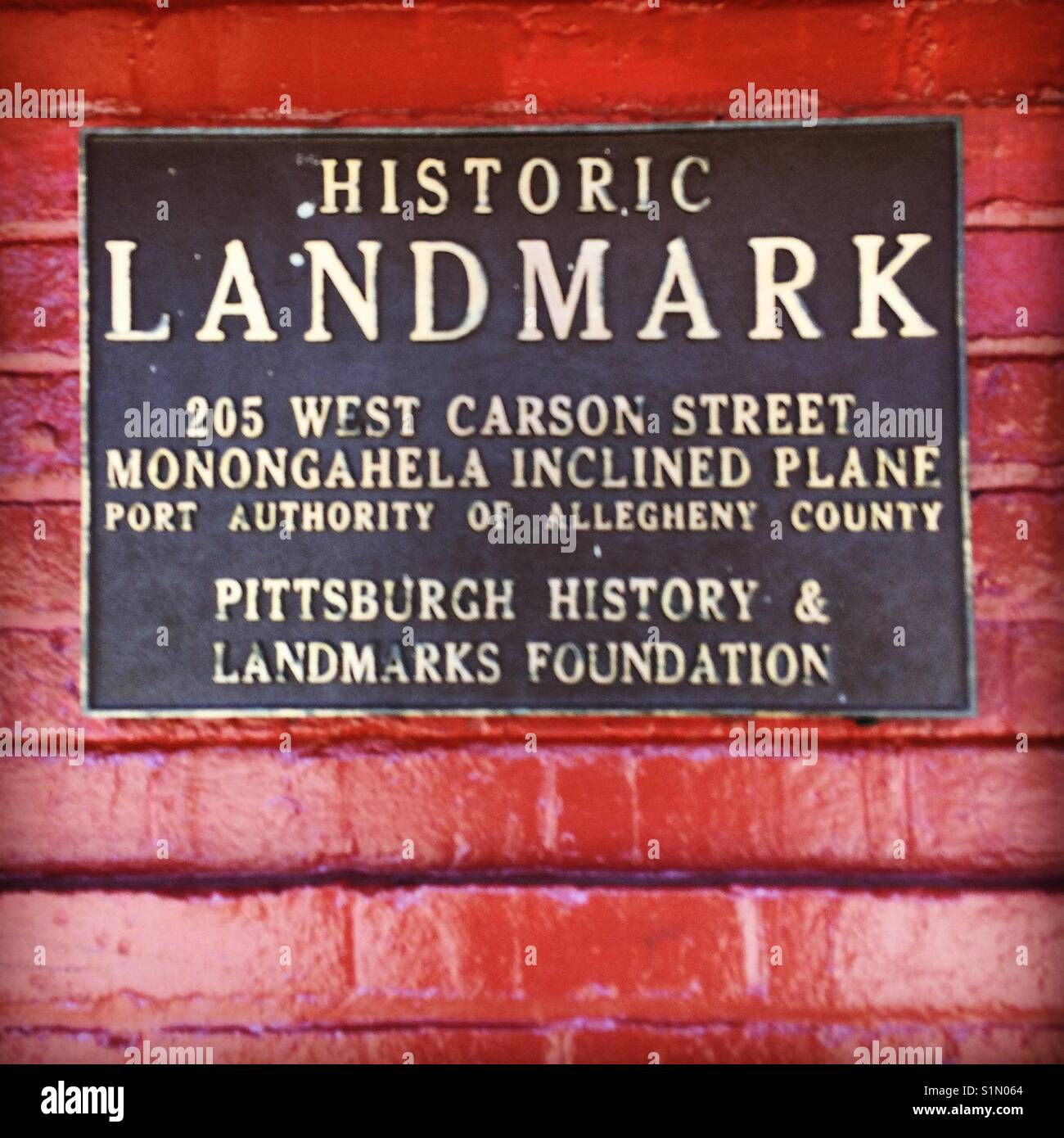 Monongahela Inclined Plane Historic Landmark Plaque, Pittsburgh, Pennsylvania. Stock Photo