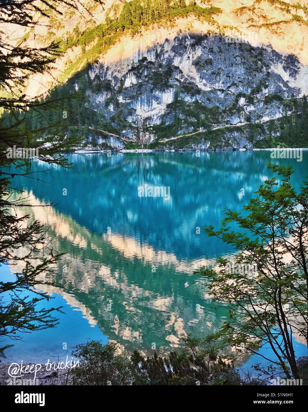 The turquoise Lago Di Braies. Italy. Stock Photo