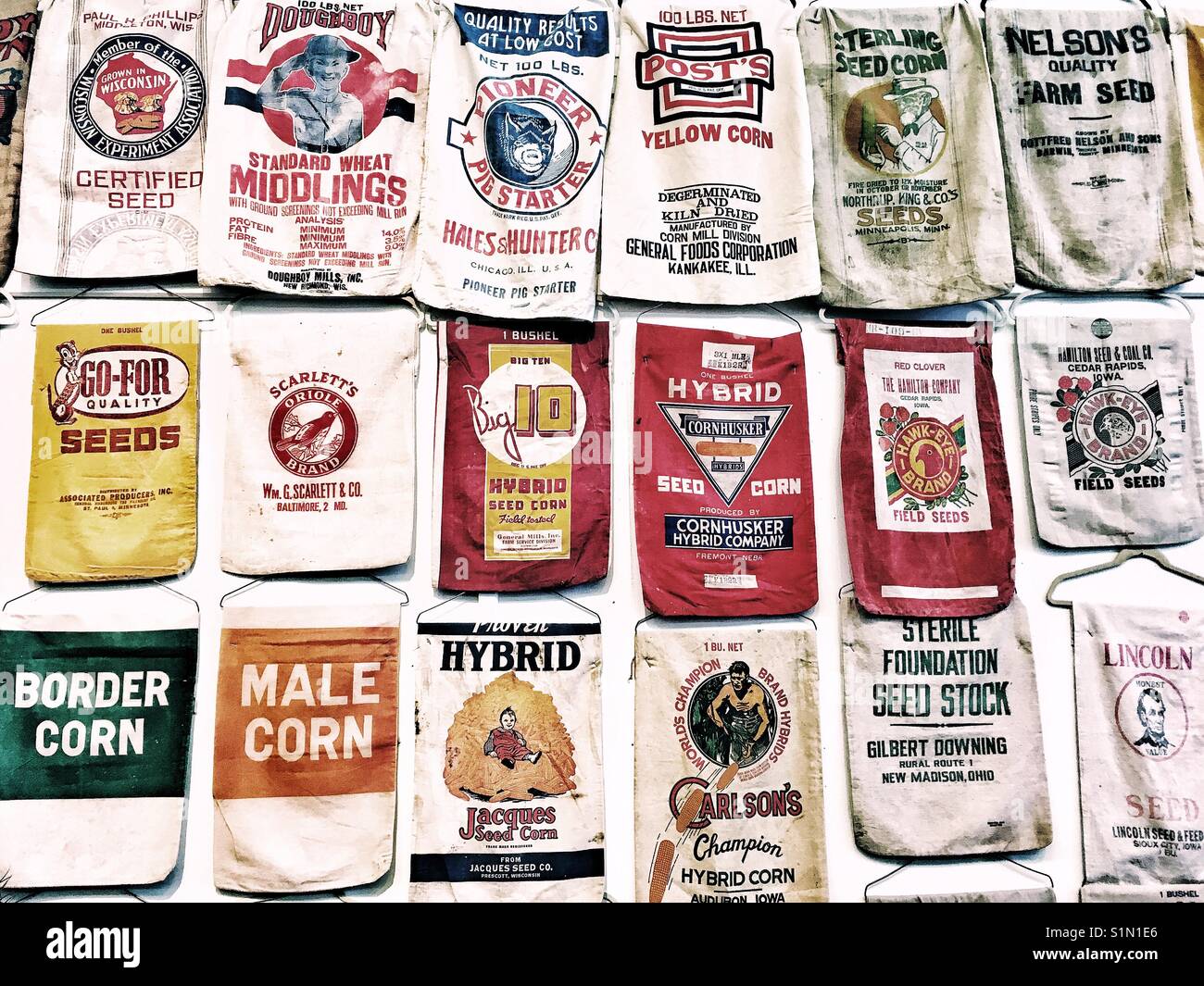 Minnesota State Fair. Wall of an old grain and flour sacks - Smartphone Captured Stock Image