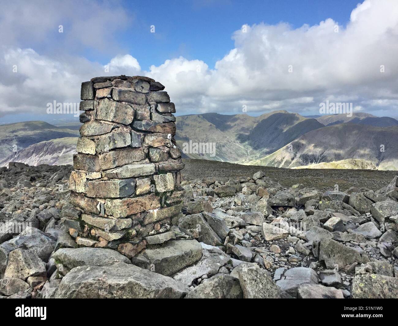 Trig point on Scafell Pike, highest peak in England. - Smartphone Captured Stock Image