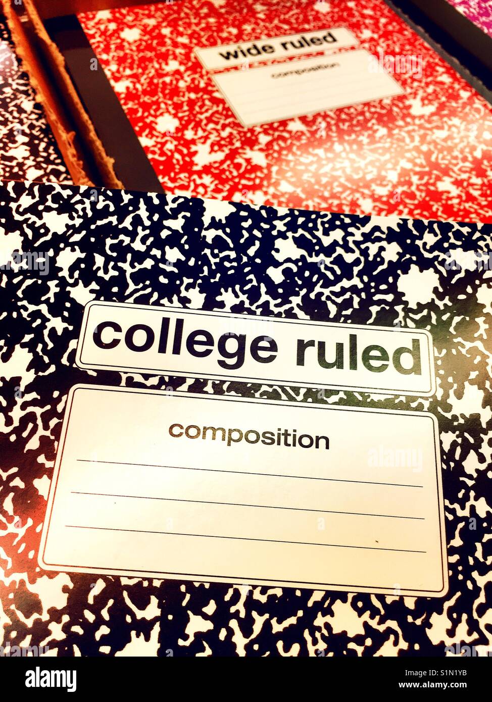 Student composition notebooks in back to school display at office