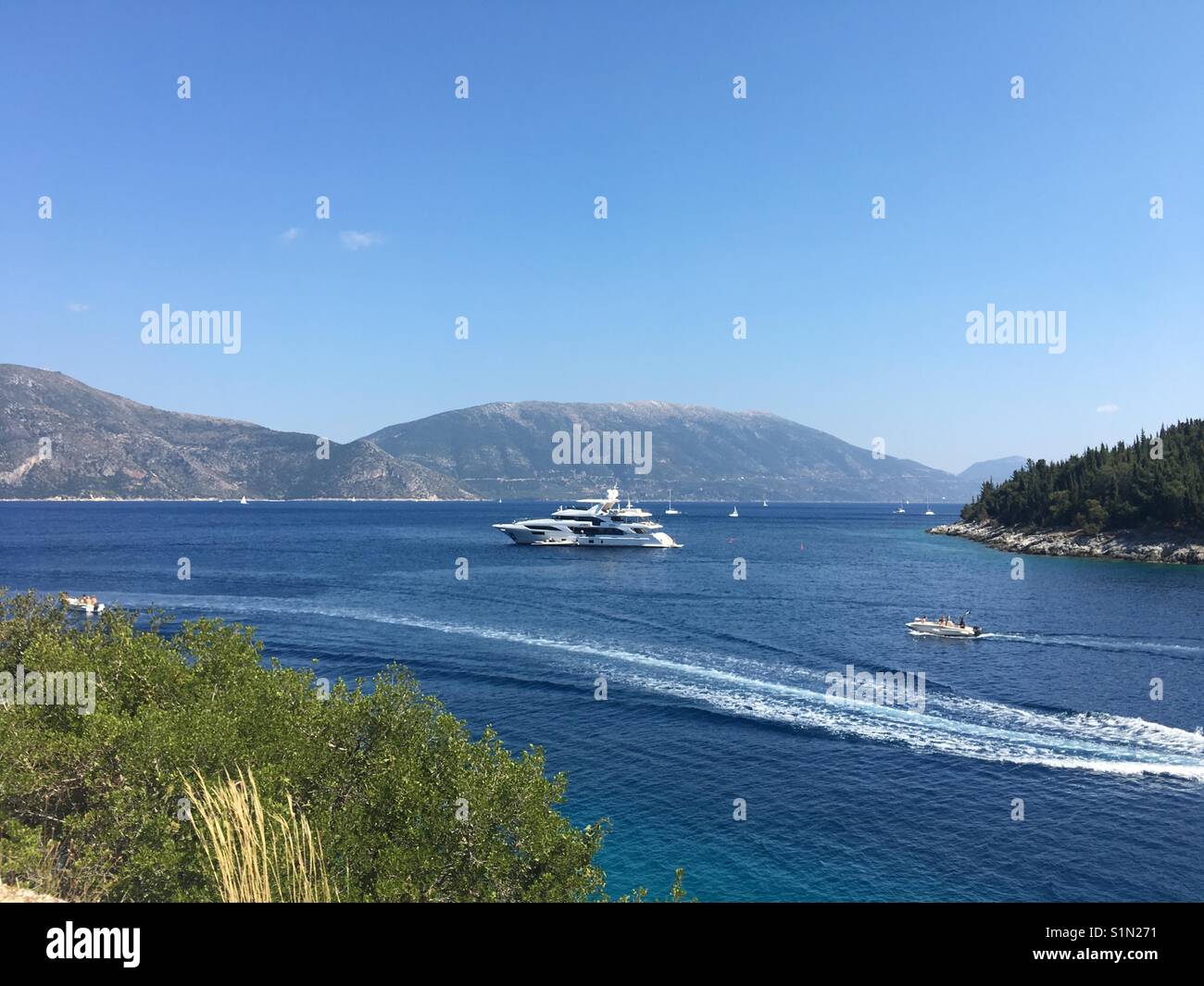 View from the road off Fokki beach near Fiskardo on Cefalonia in Greece - Smartphone Captured Stock Image