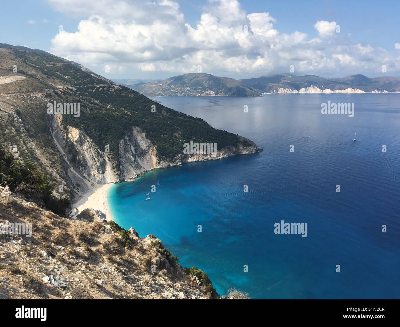 View of the famous Myrtos beach on Kefalonia in Greece. features in film Captain Corelli's Mandoline Stock Photo