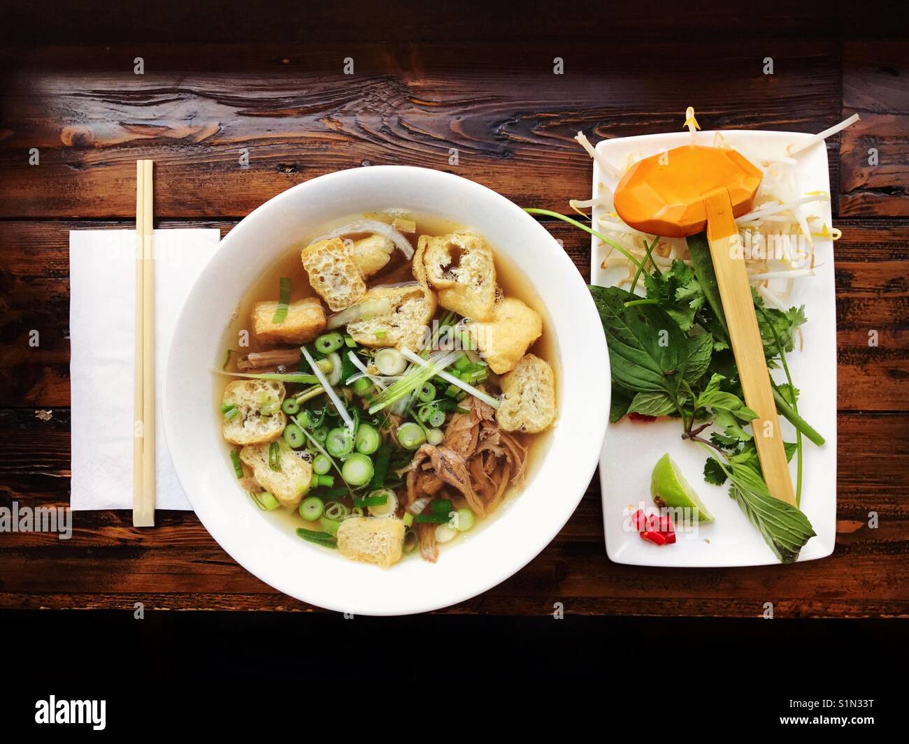 Vietnamese sliced beef pho noodle soup - Smartphone Captured Stock Image