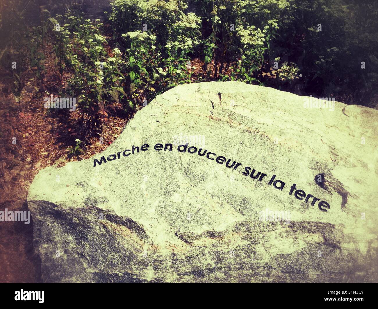 A message in French etched into a rock reminding us to walk gently on the land. Stock Photo