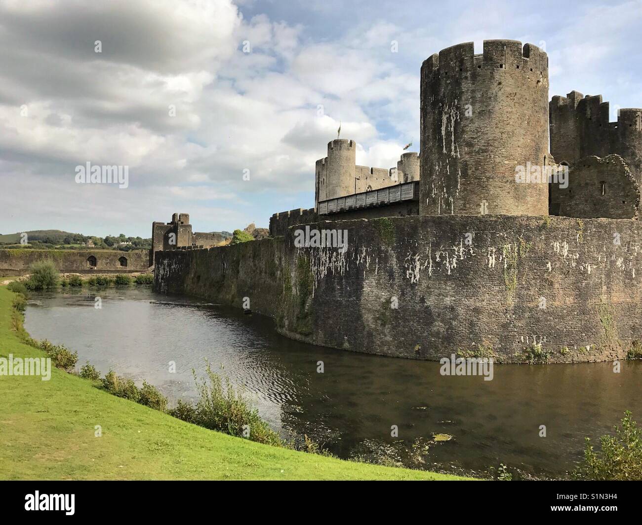 Moat and towers of Caerphilly castle - Smartphone Captured Stock Image