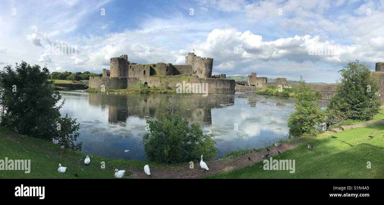 Panoramic view of Caerphilly castle and grounds - Smartphone Captured Stock Image