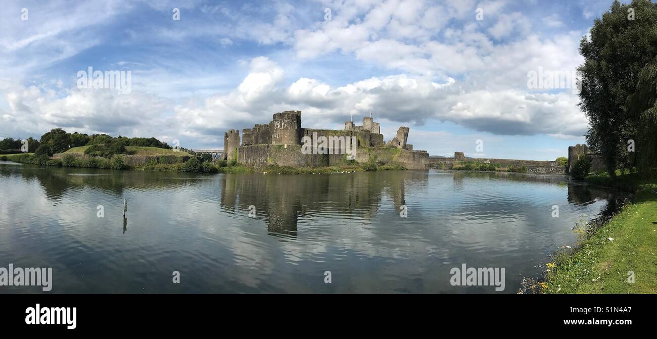Panoramic view of Caerphilly castle and its moat Stock Photo