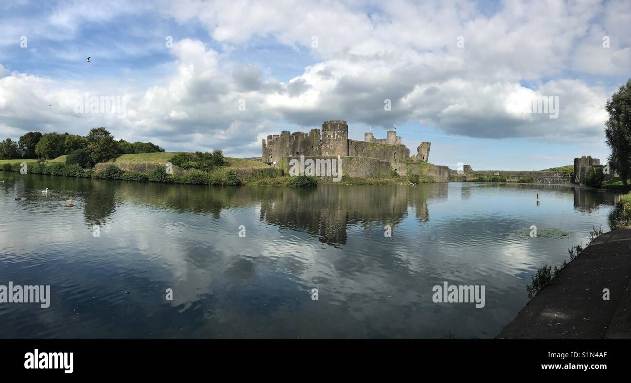Panoramic view of Caerphilly castle and its lake - Smartphone Captured Stock Image