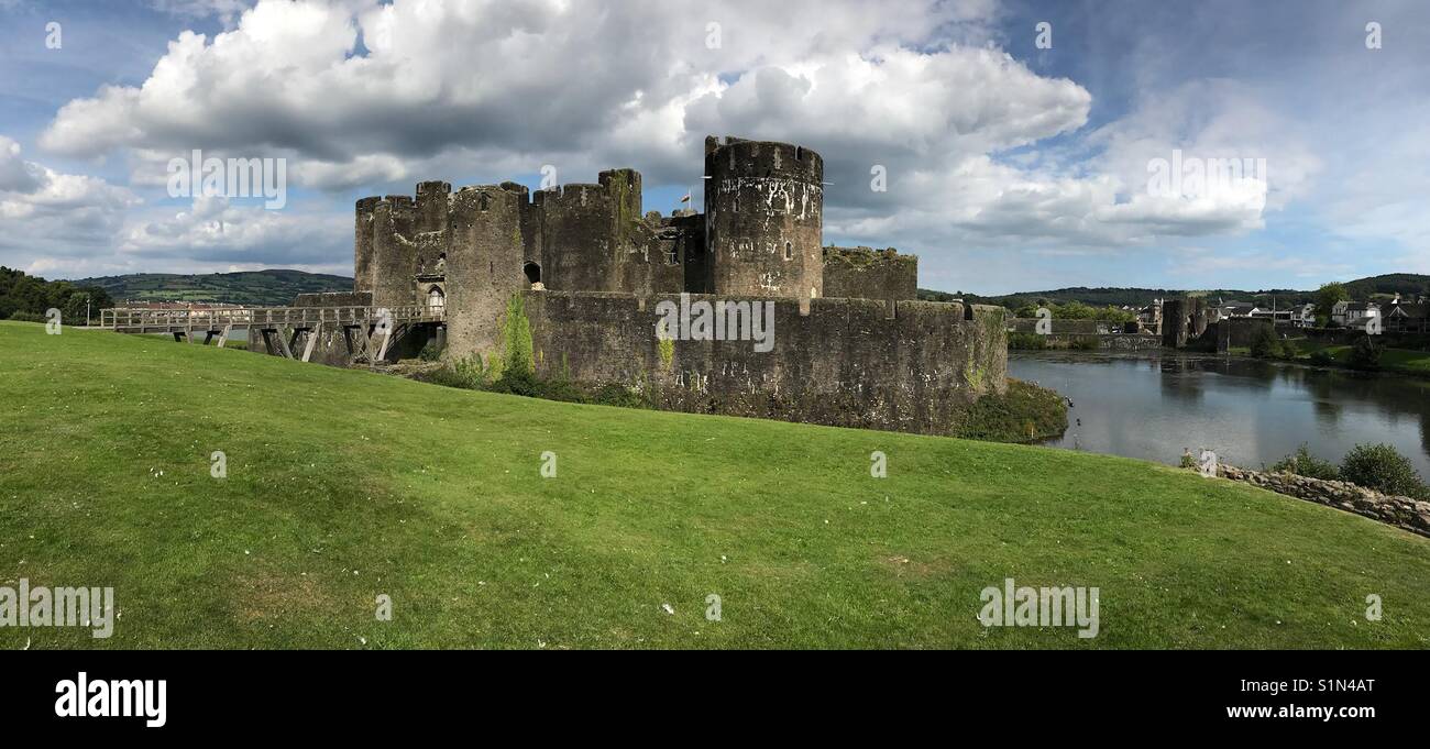 Panoramic view of the centre of Caerphilly castle and its lake - Smartphone Captured Stock Image