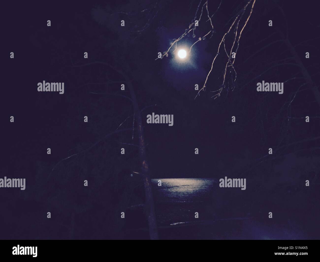 Moonlight reflection on Ionian Sea off Skala beach on Kefalonia in Greece - Smartphone Captured Stock Image