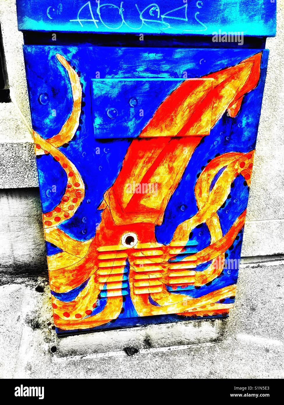 Bright coloured octopus painted on electricity box, Canada - Smartphone Captured Stock Image