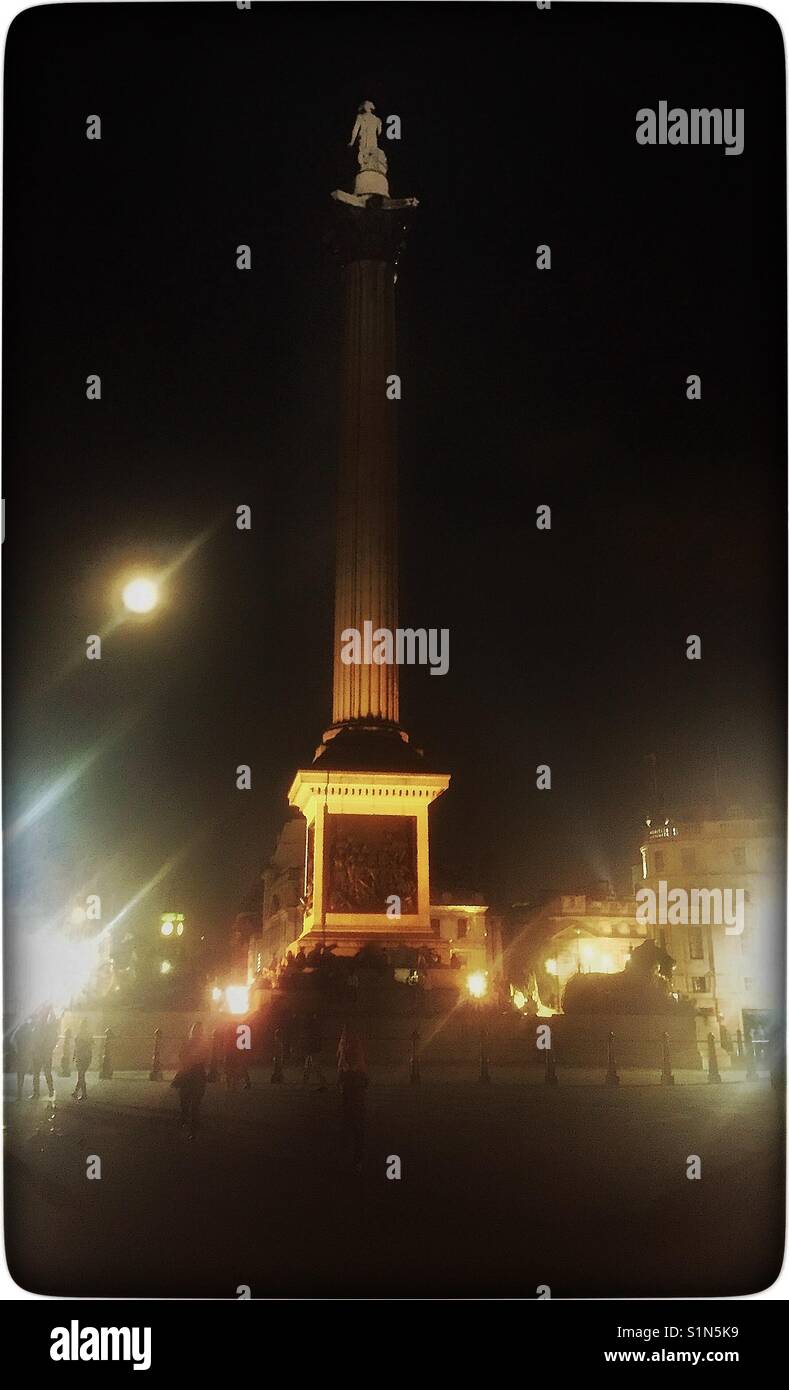 Trafalgar Square, Nelsons Column. London. Night time shot. Stock Photo