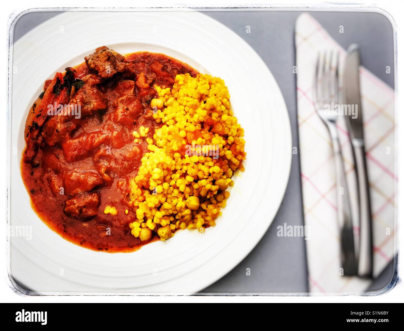 Waitrose Mediterranean Moroccan spiced lamb with giant couscous - Smartphone Captured Stock Image