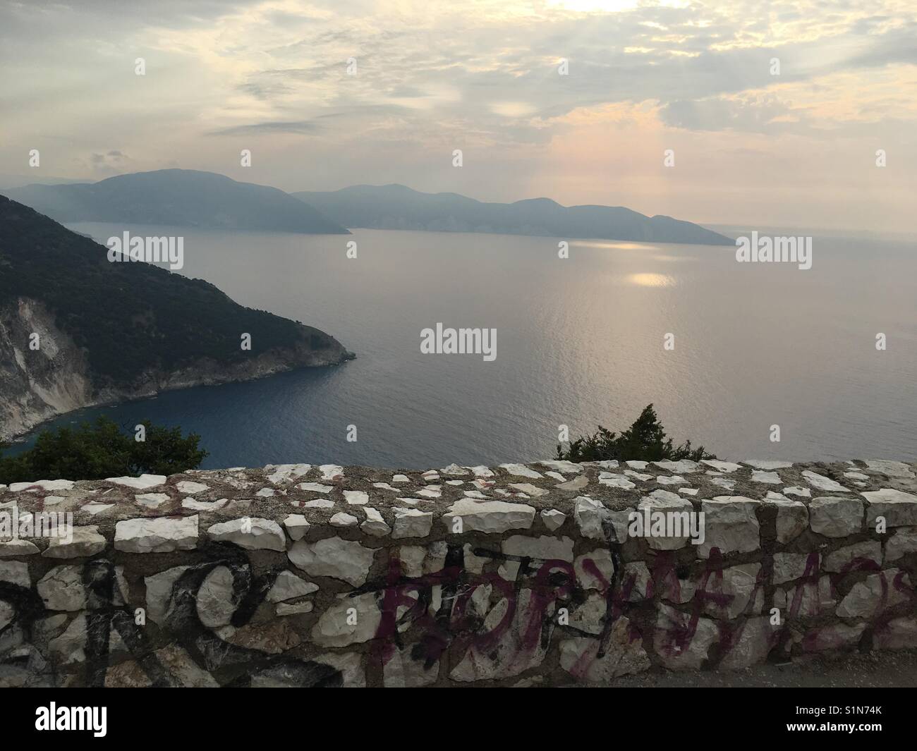 View of Myrtos bay and beyond on Kefalonia island in Greece - Smartphone Captured Stock Image