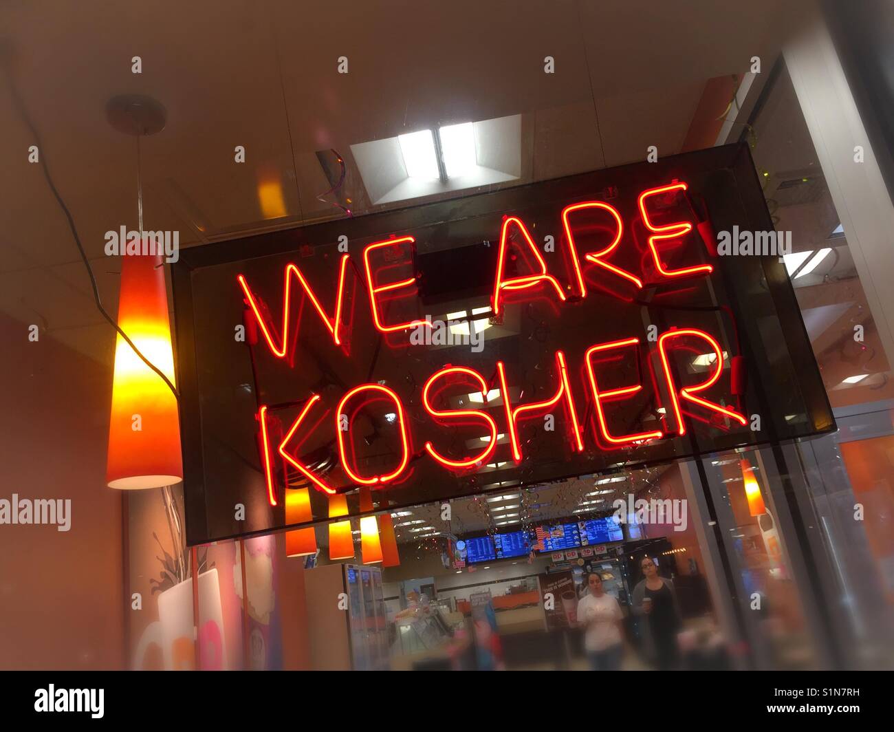 We are kosher neon sign  in restaurant window, midtown Manhattan , NYC, USA - Smartphone Captured Stock Image