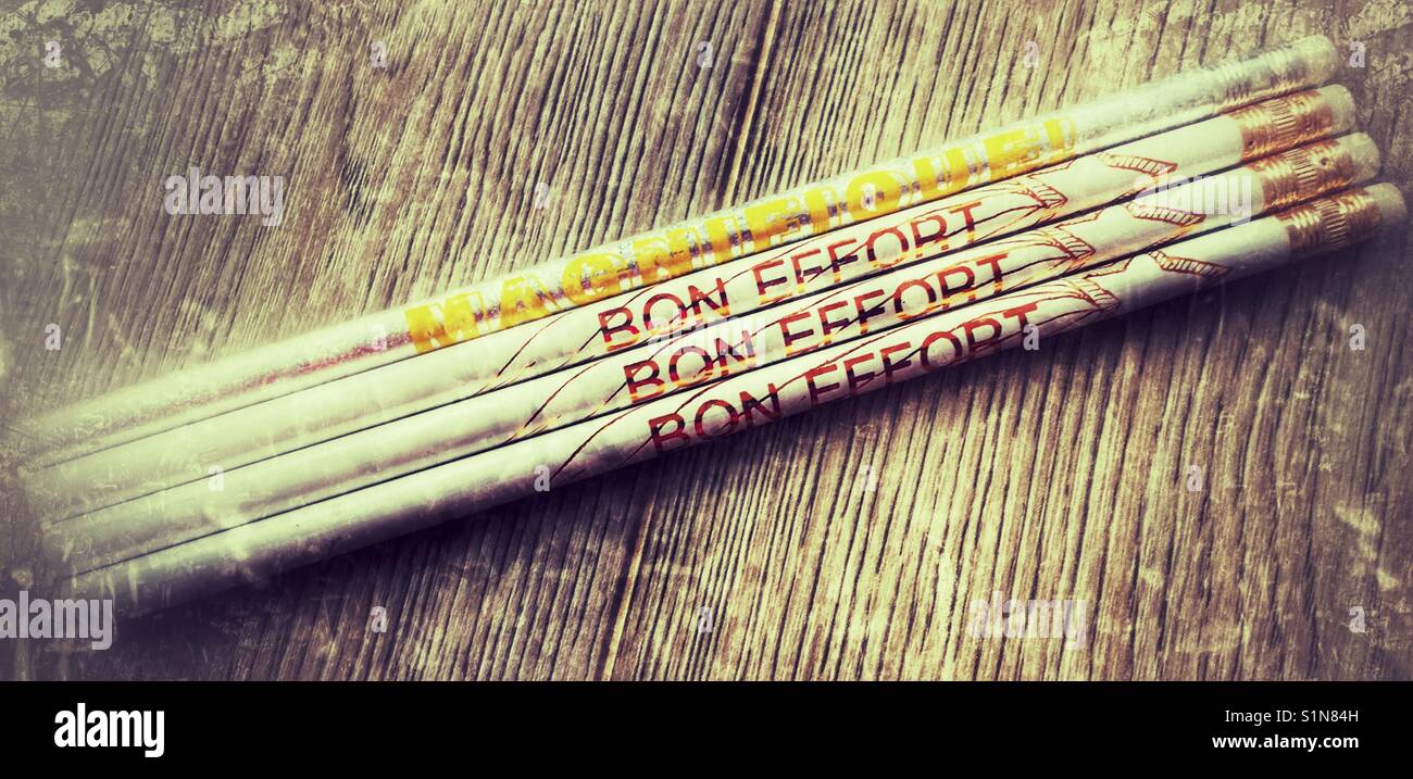 Pencils with French writing. - Smartphone Captured Stock Image