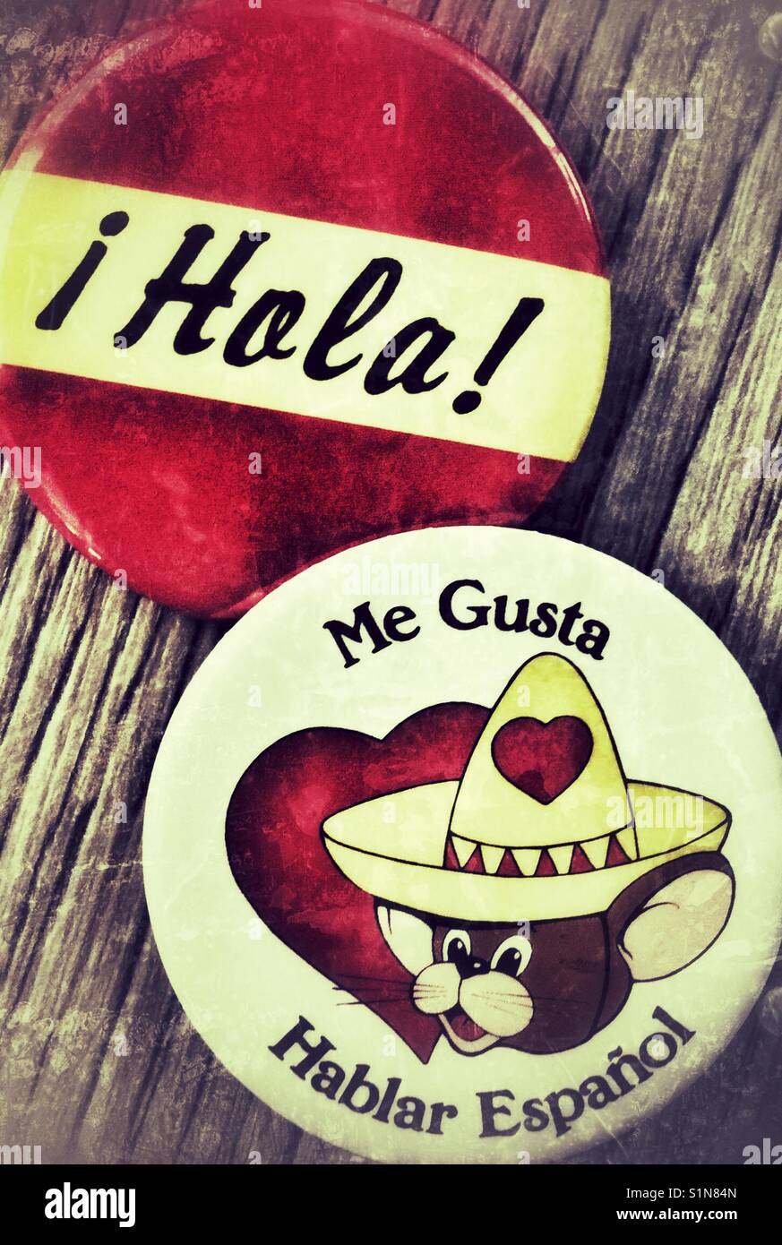 Buttons promoting Spanish language learning. Stock Photo