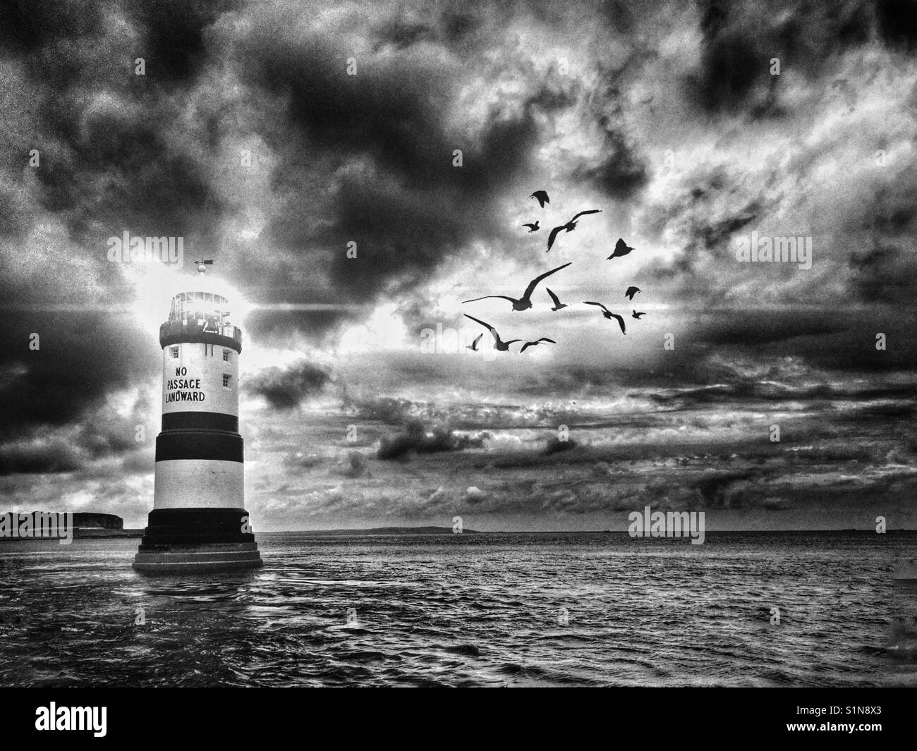 Penmon lighthouse off the coast of Anglesey. Conceptual image showing light and flock of gulls Stock Photo