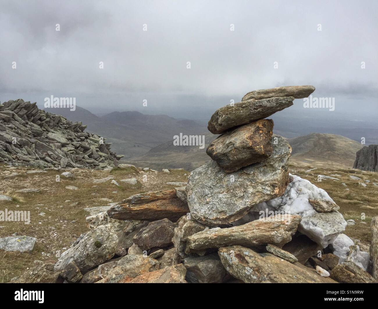 Cairn on footpath of Glyder Fach, Snowdonia - Smartphone Captured Stock Image