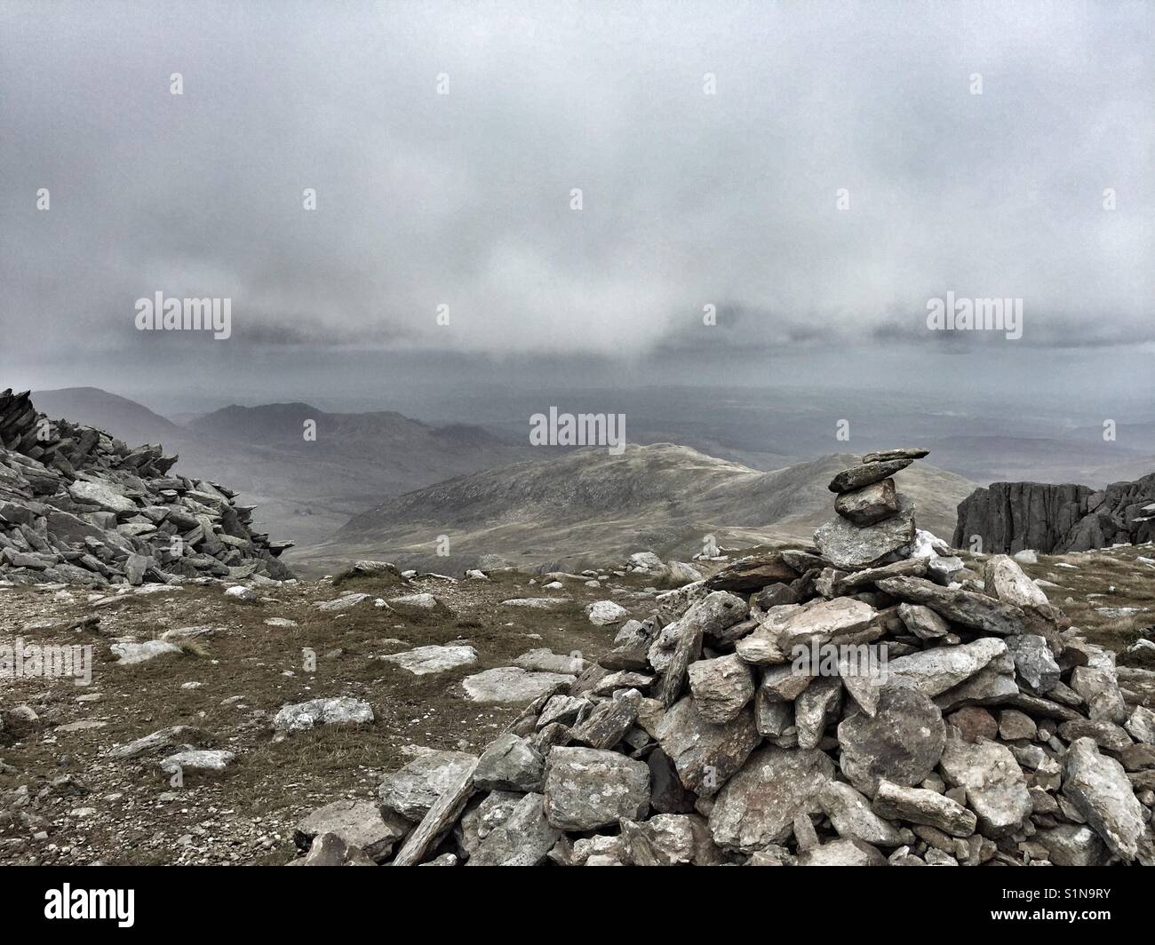 Top of Glyder Fach with cairn footpath markers, Snowdonia, North Wales - Smartphone Captured Stock Image