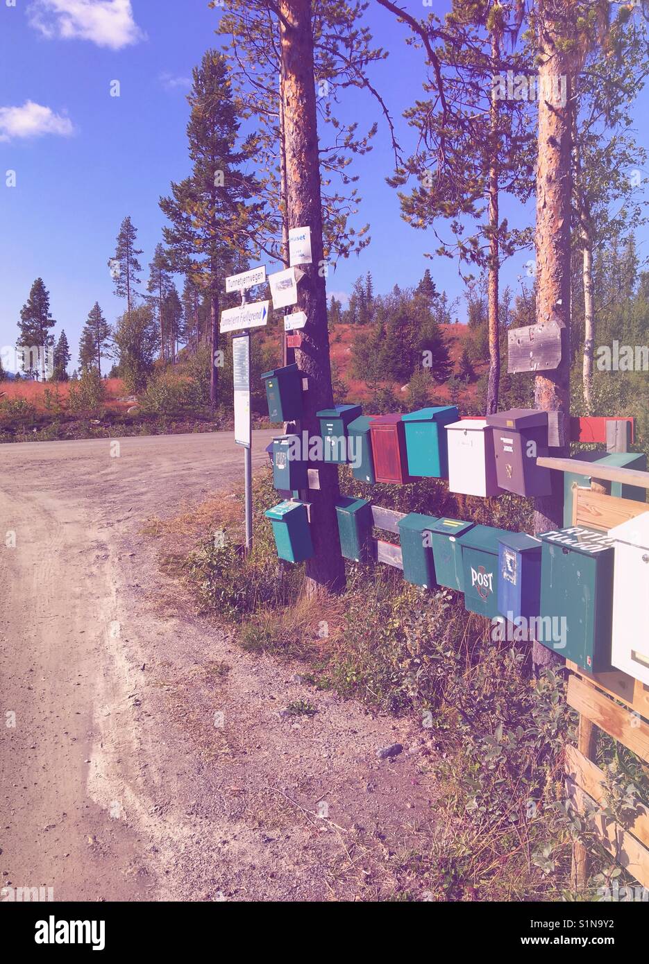 Collection of mailboxes from the mountains in Gol, Norway Stock Photo