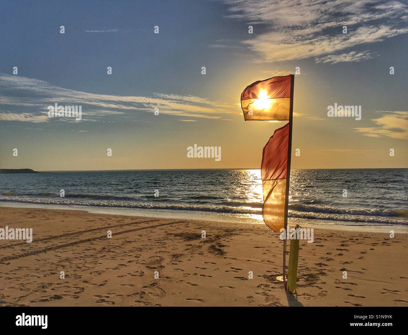 Lifeguards flags on Mindil Beach, in Darwin, Northern Territory, Australia. Stock Photo