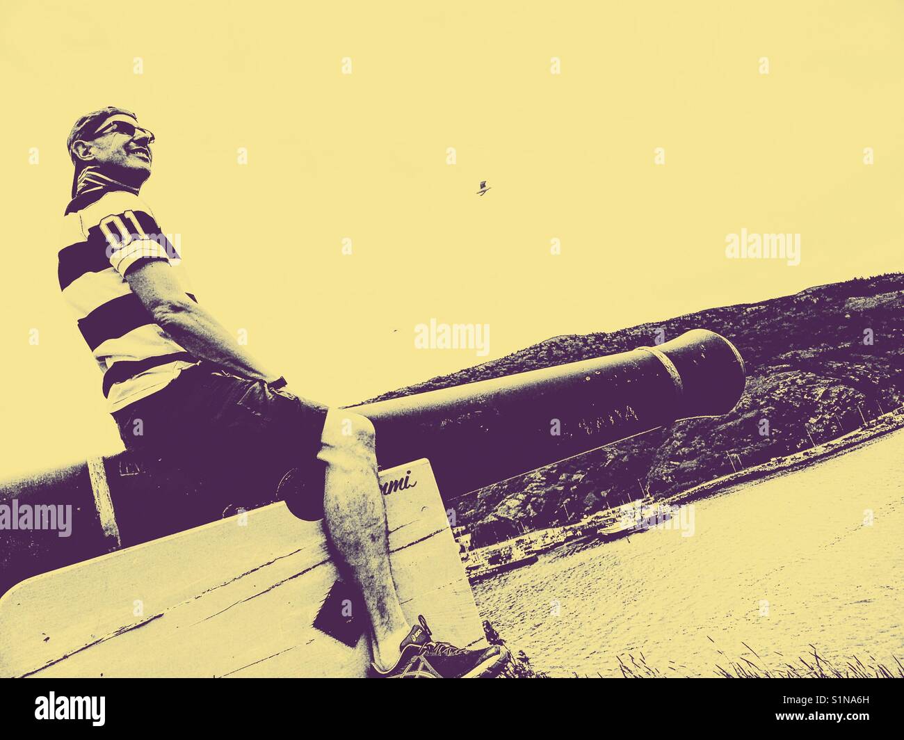 Middle aged Scandinavian man posing on cannon - Smartphone Captured Stock Image