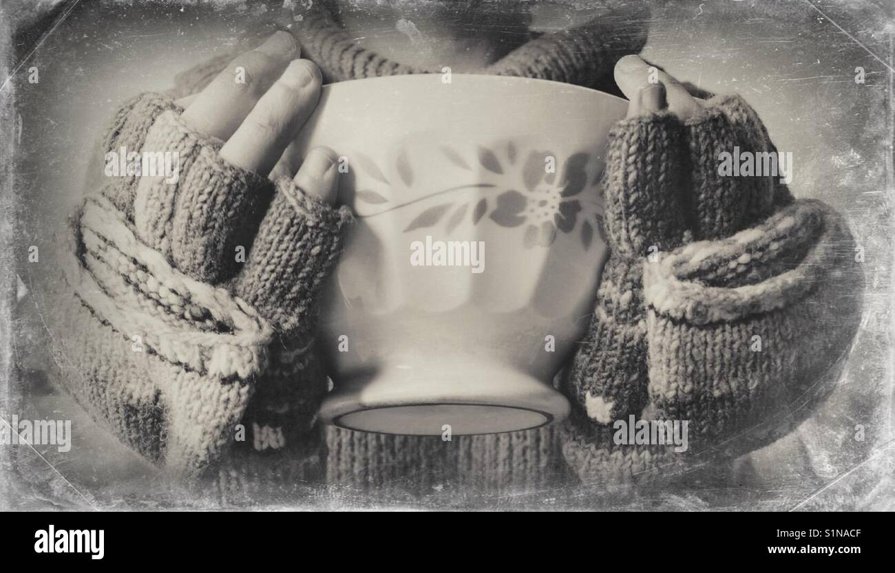 Woman wearing woolen gloves drinking from a big bowl - Smartphone Captured Stock Image