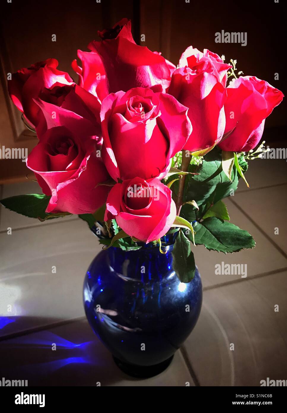 Red roses in a blue glass vase Stock Photo