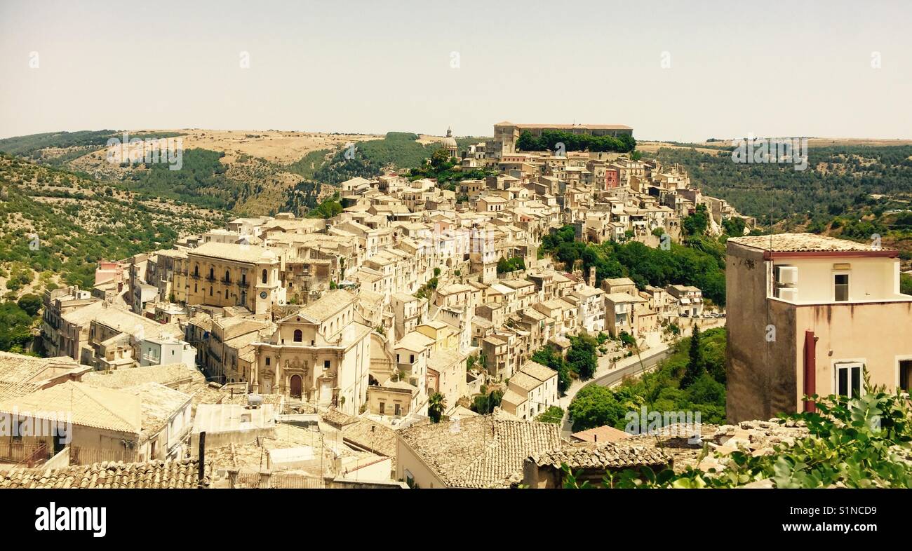 View of the town of Ragusa Ibla from the bus in transit to the town Stock Photo